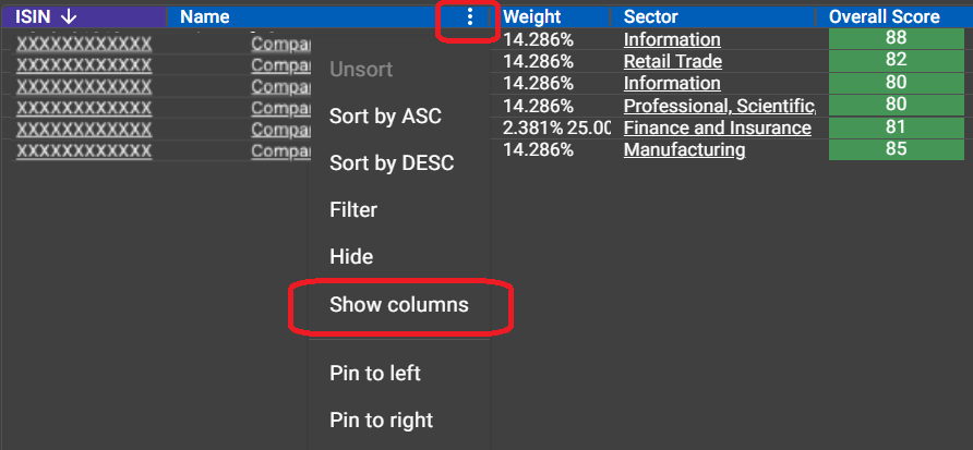 Sort and Filter options